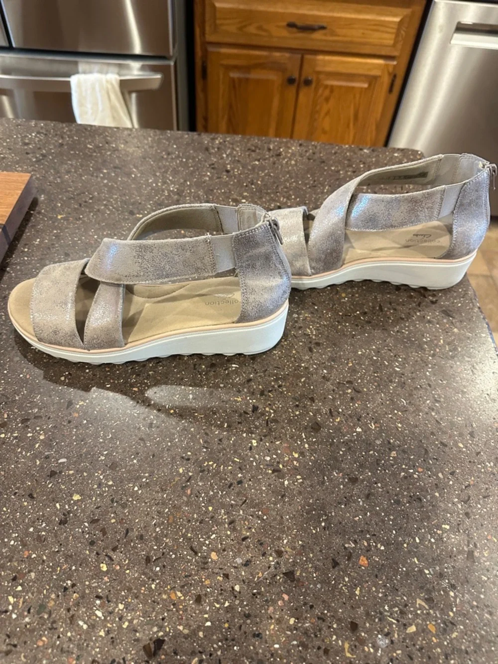 Clarks Women's Silver Metallic Cross-Strap Platform Sandal